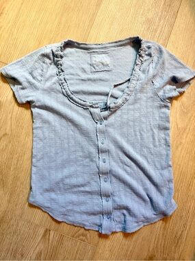 aerie Light Blue Ribbed Button-Up Scoop Neck Top
